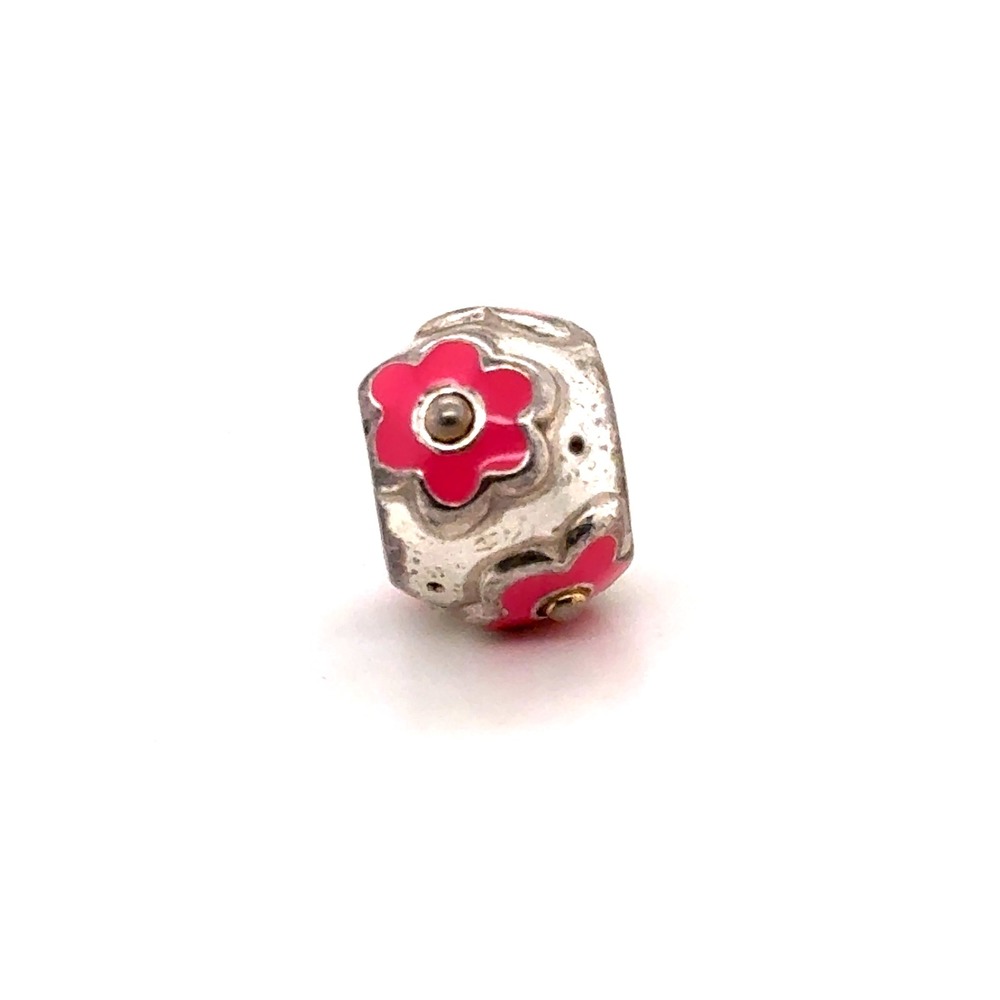 Brighton Pink Enamel Flower Charm Silver Tone Floral Spacer Bead for Bracelet
